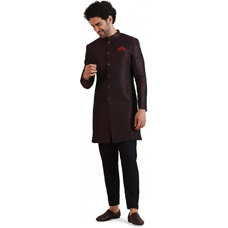KISAH Sherwani-Set Für Herren – Seidenmischung Jacquard Indo Western Sherwani Set Mit Hose – Designer-Ethno-Outfit Für Hochzeit, Königsblau, 36