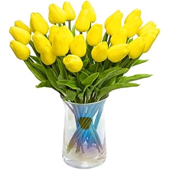 JOEJISN 30pcs Artificial Tulips Flowers Real Touch Yellow Tulips Fake Holland PU Tulip Bouquet Latex Flowers for Wedding Party Office Home Kitchen Decoration (Yellow)