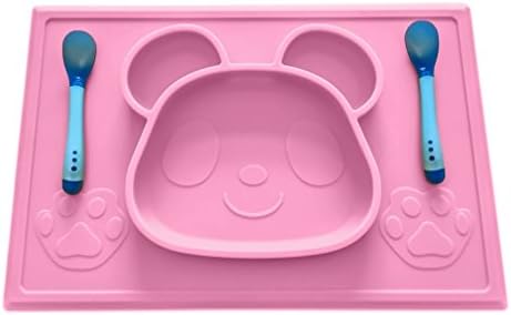 Mopels Children’s Placemat with Free Spoon Set and E-Book, One-Piece Silicone Placemat Panda Design, Dinnerware for Feeding Baby &amp; Baby Led Weaning, Non-Slip, Portable and FDA Approved. (Pink)