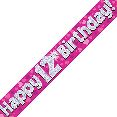 British Ballet® 12th Birthday Banner Pink (2.7m x 13cm) • Holographic Foil Party Decoration • Age 12 Foil Pennant • 3 x 90cm Banners • Pink Birthday Banner for Teenager Girls