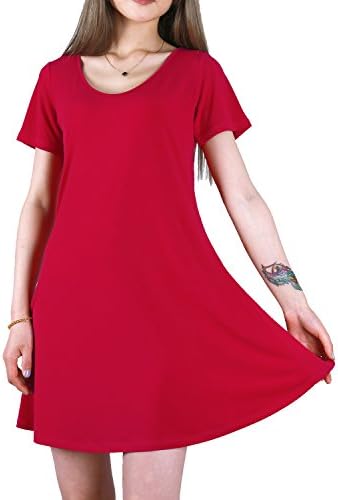 FAVELEM Women's Short Sleeve Comfy Flowy Long Tunic Loose Fit T shirt Dresses (Large, Deep Red)