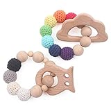 Baby Wooden Teether Infant Teething Toys Set of 2 Bracelet BPA Free Can Chew Cloud and Owl Textures Sensory Charm, Rainbow