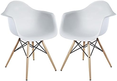 Modway Pyramid Midcentury Modern With Natural Wood Legs Two Dining Armchairs White