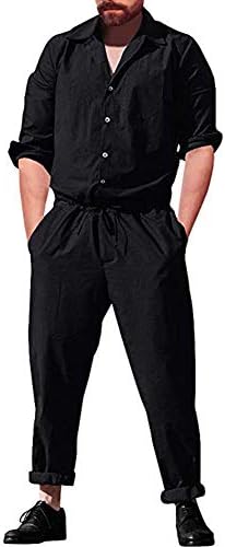 Mens Long Sleeve Cargo Overalls Pant Romper, Drawstring Jumpsuits Workwear