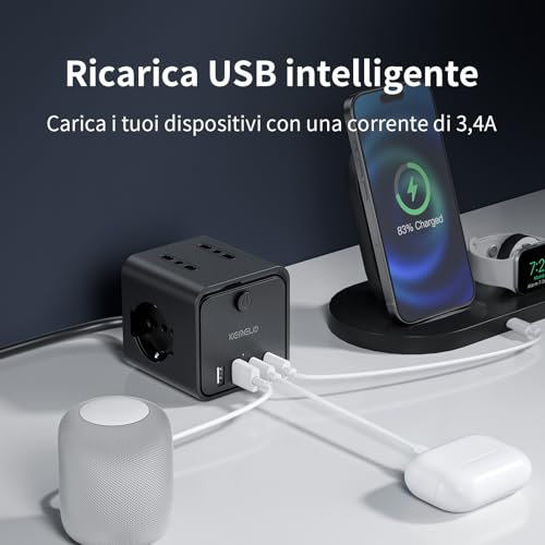Electric Power Strip with 4 Universal Sockets 10/16A ITA and Schuko, 2 M Electrical Extension Cable with 2 USB A+2 USB C, Multiple Plug Flat Space-Saving with Switches for Home, Office, Black