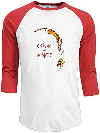 Men's Cotton Slim Fit 3/4 Sleeve Calvin And Hobbes Funny Athletic Baseball Raglan Sleeves T-Shirt Red US Size XXL