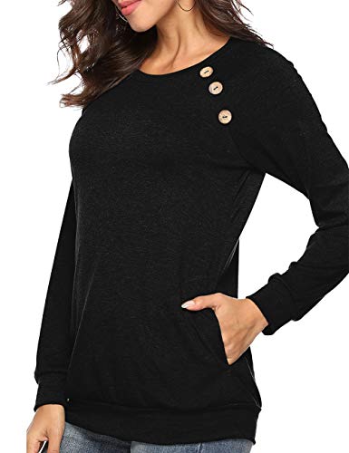 Womens Button Long Sleeve Tops Casual Blouses T-Shirt Round Neck Pockets Top Black L - Thumbnail 2
