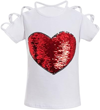 Girl Short Sleeve Heart Shaped Sequin Print T-Shirt Top