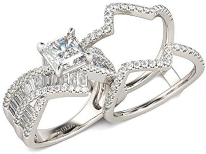 JEULIA 2 Carat Princess Cut Wedding Ring Sets for Women Bypass 925 Silver Engagement Rings CZ Diamond Cubic Zirconia Bridal Rings Anniversary Promise with Jewelry Box