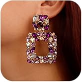 Denifery Crystal Square Dangle Statement Earrings Geometric Shaped with Colorful Rhinstone Drop Earrings for Women Bling Stud Earrings for Prom Wedding (Purple)