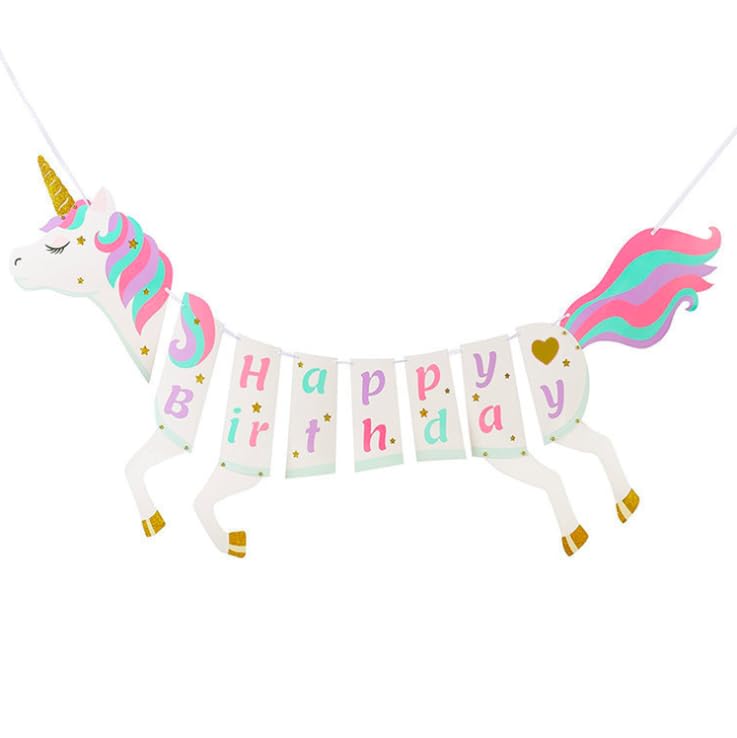 Unicorn Happy Birthday Bunting Garland, 130 cm Width, 35x24 cm Pieces, Reusable Party Decoration