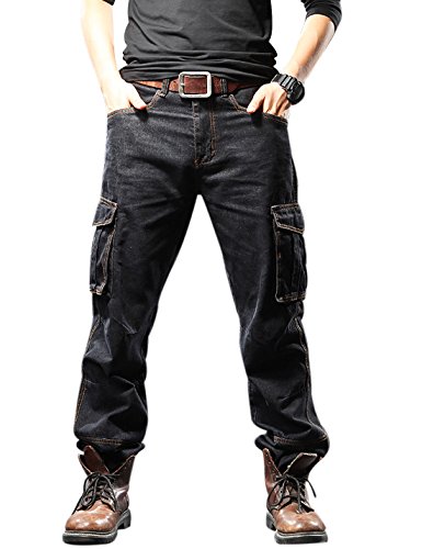 Yeokou Men's Casual Loose Hip Hop Denim Work Pants Jeans with Cargo Pockets (46, Black)