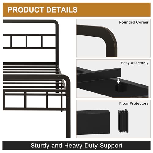 Yicensen Base Cama Matrimonial con Cabecero y Piecero, Base Matrimonial de Metal de 46 cm de Altura con Listones Resistente, Espacio de Almacenamiento Debajo de la Cama, sin Ruido, Negro