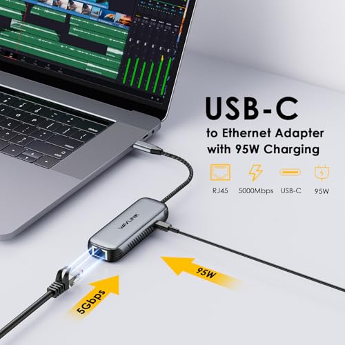 WAVLINK USB C to Ethernet Adapter with 95W PD, Gigabit 5Gbps Ethernet to USB C RJ45 Adapter Compatible with Laptop, Win 10/11, Mac OS 11 or later, Linux.