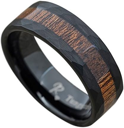 Black Tungsten Wood Ring With Hawaiian Koa Wood Inlay, Hammered and Brushed 8mm Comfort Fit Wedding Band (13)
