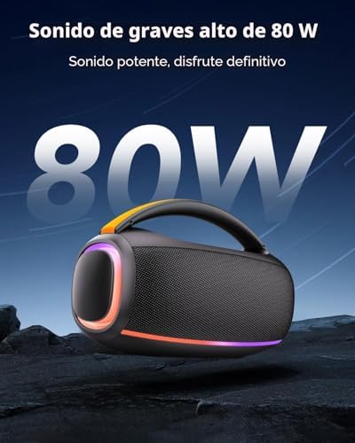 Bluetooth 5.4 Altavoz Bluetooth Potente 80W, Impermeable IPX7 Altavoces Portátil Potente con 8000mAh Batería, Sonido Estéreo, USB/RGB/TWS/AUX/TF, Speaker con 2EQ para Exterior, Negro Elegante — foto 2 de 6