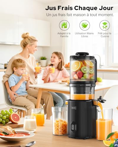 WIE Extracteur de Jus Slow Juicer Goulotte Large 135 mm pour Fruits et Légumes Entiers Moteur 300W Grande Capacité 2.6 L Presse à Froid Silencieuse