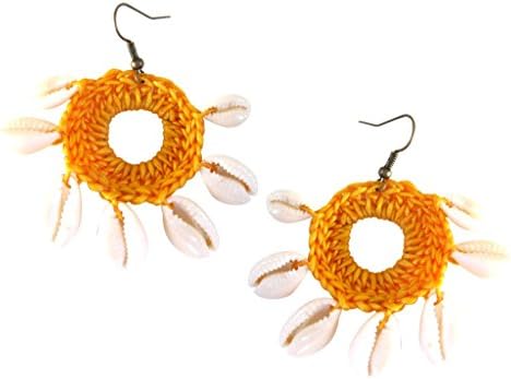 Khum Wieng Kham Women's Cheerful Dangle Earrings Crochet Wax Cord with Shells Yellow