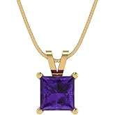 Clara Pucci 14K Yellow Gold Plated Solitaire 16" Box-Chain Necklace - Sterling Silver 1ct Princess Cut Amethyst Pendant