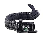 Paracord Survival Bracelet 500 LB - Hiking Gear Travelling Camping Gear Kit - Parachute Rope Bracelet,Compass Stone,Stainless Fire Scrapper,Flint Fire Starter,Survival Knife,Whistle (Black-Reguler)