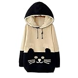 CHAIRAY Woman Girls Sen female Sweater Cartoon Cat Fleece Hoodie Pullover Sweatershirt S Beige&Dark blue