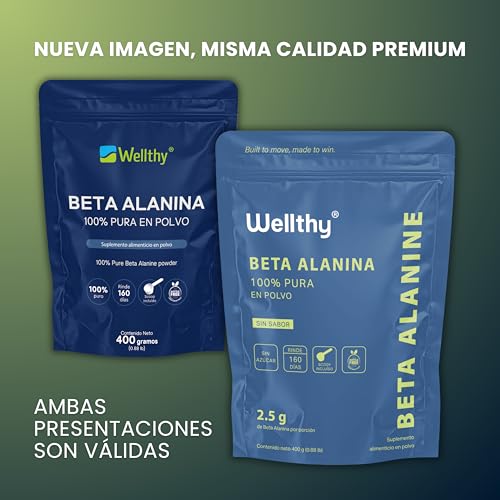 Wellthy 100% Beta Alanina 400g. Presentación en Polvo, 2.5g por Porción, Cuchara Medidora Incluída dentro del empaque, 160 Porciones por Envase, más de 5 Meses de Consumo, Bottle Free.