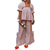 NUFIWI Women Christmas Ruffle Gingham Pajama Set Gingham Puff Sleeve Babydoll Shirt and Pants Plaid Lounge Sets Sleepwear