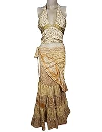 2 Pieces Womens Wrap Around Skirt with Halter Crop Top Upcycled Silk Full Length Flare Ruffle Maxi Dress