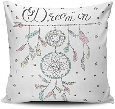 OEDRAY Throw Pillow Case Dream Catcher with Many Feathers Stars and Wordart Square Home Decorative Pillowcase Cushion Cover Both Sides Print 22 x 22 Inch (1-Pack)