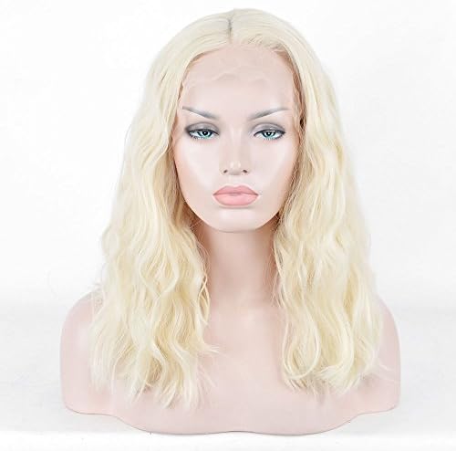 Lace Front Wig Medium Length Wavy Curly Bob Women Synthetic Hair Wigs Platinum Blonde Ladies Wigs