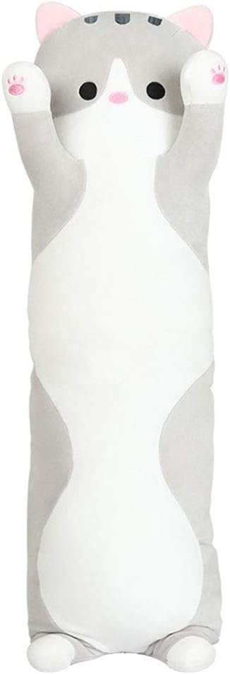 unlockgift Cuddly Long Cat Stuffed Animal Toy Plush Cat Pillow Birthday Gift 27.5" Grey