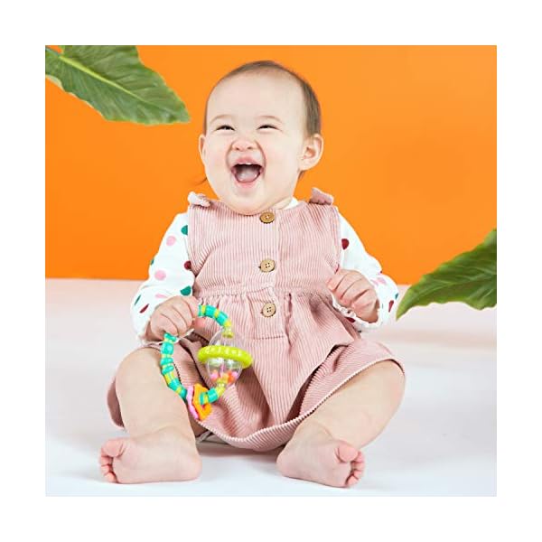 Bright-Starts-Grab-Spin-Rattle-and-Teether-Toy Bright Starts, Grab and Spin Baby Rattle Toy and Textured Teether Ring, Soothing relief, Multisensory Stimulation…