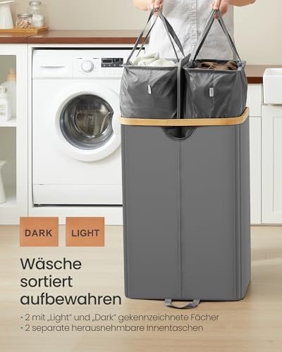 Wäschekorb 2 Fächer, Wäschesammler, 150 Liter, Wäschesortierer mit Deckel, Wäschetonne, Wäschesäcke herausnehmbar, für Waschküche, Schlafzimmer, Wohnzimmer, schiefergrau-naturbeige LCB523G01