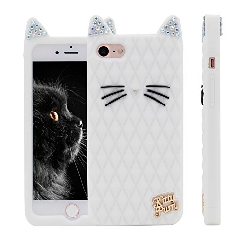 iPhone 7 Case, MC Fashion Cute 3D Bling Bling Rhinestones Cat Ears Cute Whiskers Protective Soft Case Skin for Apple iPhone 7 (2016) (Bling Cat-White)
