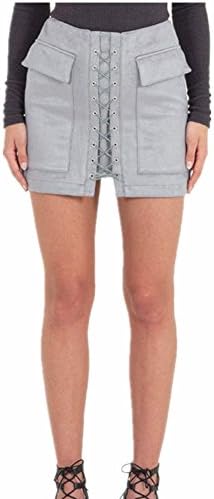 Ajclub Women's Sexy Vintage Lace Up High Waist Bodycon Faux Suede Mini Skirt (M, Gray)
