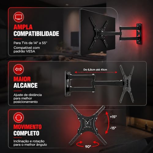 Suporte TV Articulado Universal 14 A 55 Polegadas Até 50kg Parede Ajustável Giratório Inclinável Compatível VESA LED LCD Plasma Monitor Resistente