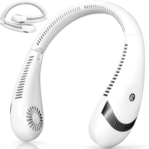 Foldable LED Display Neck Fan - 5000mAh Portable Bladeless Fan with 3 Speeds, USB Rechargeable Personal Neck Cooler for Travel, Outdoor, Office, Camping - White
