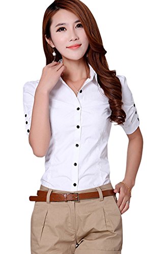 Chouyatou Women's Casual Point Collar Pleated Short Sleeve Fitted Button Shirt