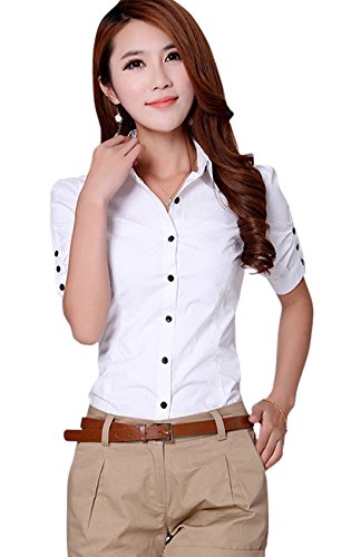 Chouyatou Women's Casual Point Collar Pleated Short Sleeve Fitted Button Shirt (Large, White)