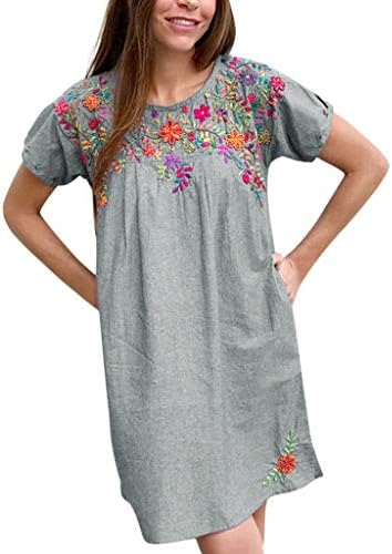 Cenglings Women O Neck Short Sleeve Embroidered Floral Dresses Loose Ruched Flare A-line Dress Beach Printed Mini Dress