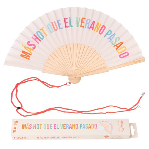– Abanico original con mensaje “más h*t que el verano pasado”. Abanico de madera moderno y colorido. Ventilador de mano beige. Colgador incluido. Medidas: 42,5 x 23 cm