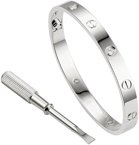 Stainless Steel Couple Jewelry Screw Oval Love Bracelet Bangle with Stones (8.0"inches silver with stone)