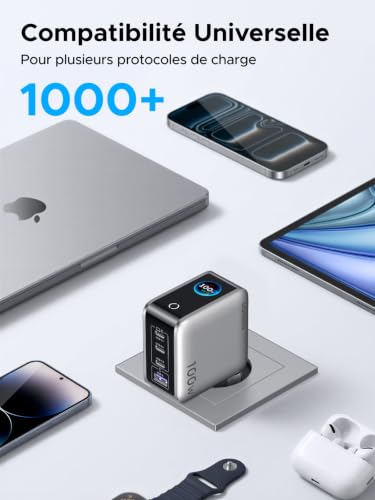 UGREEN Nexode Pro 100W Chargeur Rapide USB C 4 Ports avec Écran Intelligent GaN Compatible avec iPhone 17 Pro Max Air 16 15 14 13 Galaxy S26 S25 S24 Pixel 10 9 iPad MacBook Neo Air Pro M5 M4 M3 M2 M1