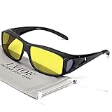 LVIOE Wrap Around Style Polarized Night Vision Driving Glasses to Fit Over Regular Prescription Glasses (Matte black, Yellow)