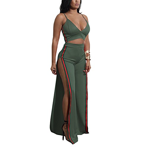 Aro Lora Women's Sexy 2 Pieces Set V Neck Crop Top + Side Slit Wide Leg Pant Jumpsuit Romper Small Army Green