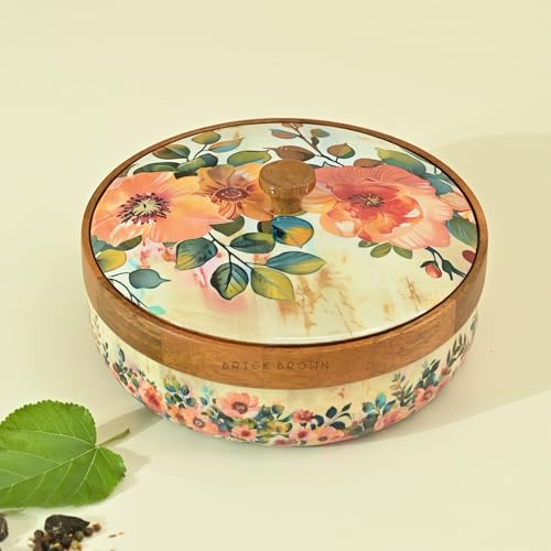 Brick Brown® Wooden Masala Box, Pastel Color, Enameled, for Kitchen, Spice Jars, Spice Rack, Masala Dani Organizer, Storage Box with 7 Containers and 1 Wooden Spoon (21.1 x 10.7cm)