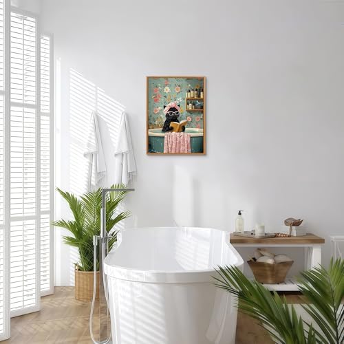 Framed Picture Modern Funny Black Cat Picture Decoration Cute Black Cat Bathing Canvas Painting Picture Decorative Pictures Living Room Bedroom Bathroom Toilet Children's Room 30 x 40 cm