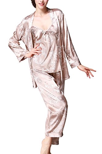 Jusfitsu Women's Pajama Sets Elegance 3pcs Silk Pajamas Womens Sleepwear Sets Camel L