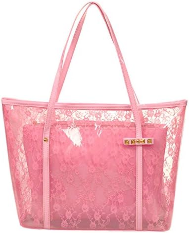Waterproof Clear Beach Tote Shoulder Handbag Lace Beach Bag with Small Cosmetic bag (Pink)