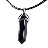 Black Agate Gemstone Hexagonal Pointed Reiki Chakra Pendant Genuine Leather Necklace 18"